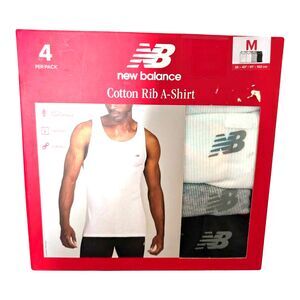 NEW BALANCE 4 Pack Men's MEDIUM Logo Cotton Ribbed Tank Tops White Black Gray